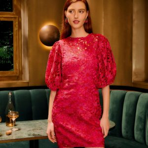 Pink Flowered Lace Puff Sleeve Lined Mini Dress