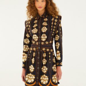 Black Bold Flowers Long Sleeve Organic Cotton Mini Dress