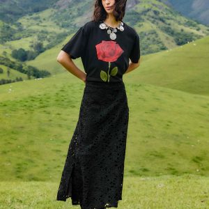 Black Flowered Lace Midi Skirt
