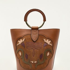 Brown Western Embroidered Leather Bucket Bag