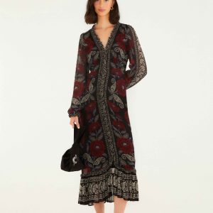 Black Valentina Ruffled Long Sleeve Midi Dress