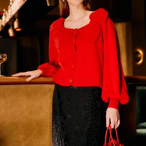 Red 3d Heartful Puff Sleeve Knit Cardigan