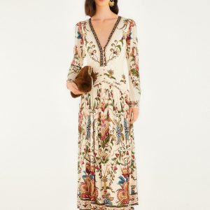 Cream Majestic Hearts Long Sleeve Midi Dress