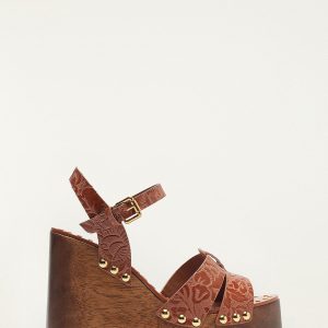 Brown Embossed Wedge Sandal