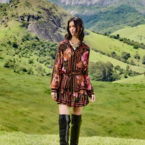 Black Chenille Flowers Belted Long Sleeve Mini Dress