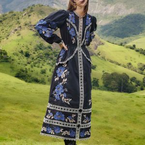 Black Bold Flowers Long Sleeve Midi Dress