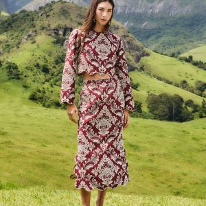 Bicolor Jacquard Waves Midi Skirt