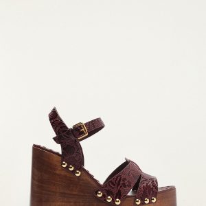 Brown Studded Embossed Wedge Sandal