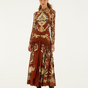 Orange Arabesque Paradise Flower Fringe LENZING™ ECOVERO™ Viscose Midi Skirt