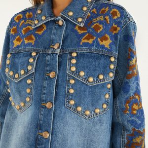Denim Metal Details Embroidered Jacket