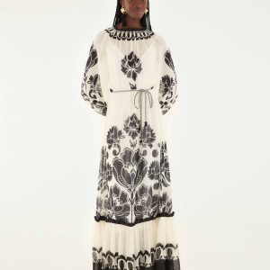 Cream Floral Arabesque Rope Belt Maxi Dress