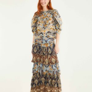 Mixed Scarves Ruffled Maxi Skirt