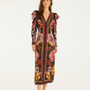 Black Chenille Flowers LENZING™ ECOVERO™ Viscose Midi Dress