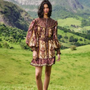Sand Embroidered Tapestry Long Sleeve Mini Dress