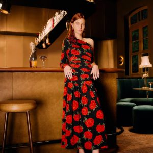 Black Latin Roses 3d Flower One-Shoulder Draped Maxi Dress