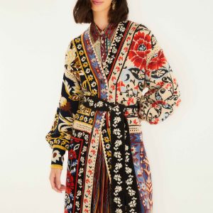 Mixed Flower Print Patchwork Knit Midi Cardigan