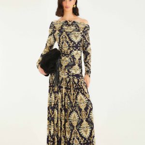 Navy Blue Wonderful Arabesque Off-Shoulder Maxi Dress