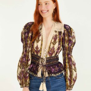 Sand Embroidered Tapestry Long Sleeve Blouse