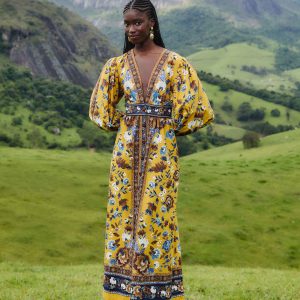 Yellow Flowering Garden Tree Organic Cotton Maxi Dress