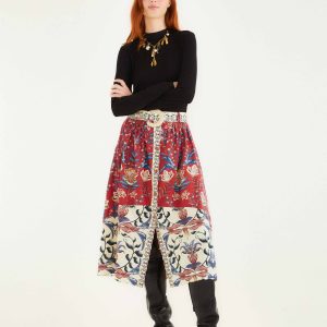 Red Winter Breeze Buttoned Belted Organic Cotton Midi Skirt