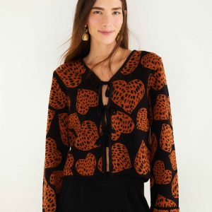 Black Leopard Hearts Front Ties Knit Cardigan