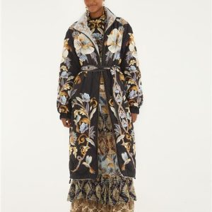 Black Flowerful Snake Garden Reversible Maxi Puffer Jacket