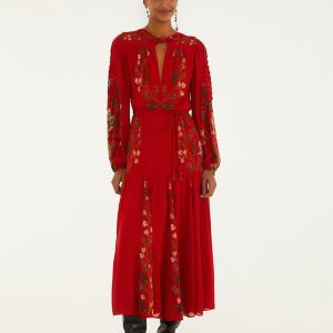 Red Berry Garden Long Sleeve Pleated Maxi Dress