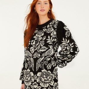 Black And White Cashew And Birds Knit Mini Dress