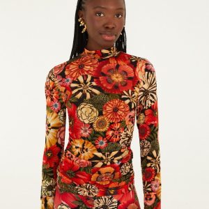 Black Flowershop Ruched Waist Jersey Blouse