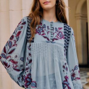 Soft Blue Marcelle Crochet Buttons Pleated Blouse