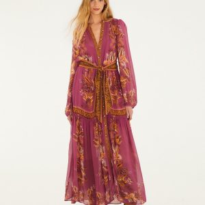 Pink Delicate Chintz Puff Sleeve Belted Maxi Dress