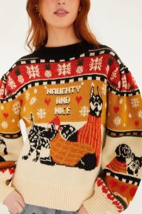 Multicolor Naughty And Nice Puff Sleeve Knit Sweater