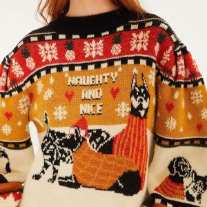 Multicolor Naughty And Nice Puff Sleeve Knit Sweater