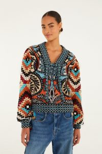 Multicolor Balamana Crochet Sleeve Knit Sweater
 – FARM Rio