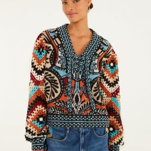 Multicolor Balamana Crochet Sleeve Knit Sweater
 – FARM Rio