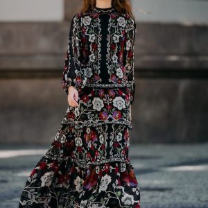Black Rococo Flowers Ruffled Maxi Dress