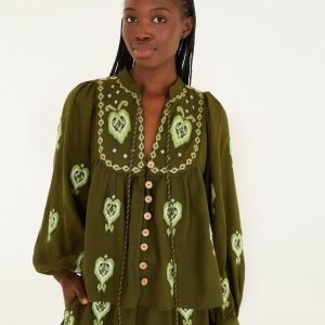 Green Embroidered Puff Sleeve LENZING™ ECOVERO™ Euroflax™ Blouse