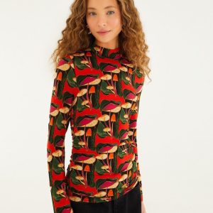 Black Wild Mushrooms Ruched Waist Jersey Blouse