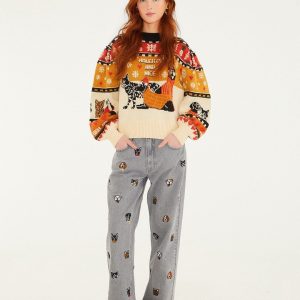 Multicolor Cats And Dogs Embroidery Denim Pants