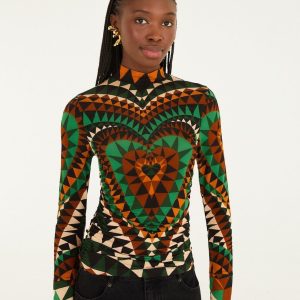 Green Heart Deco Ruched Waist Jersey Blouse