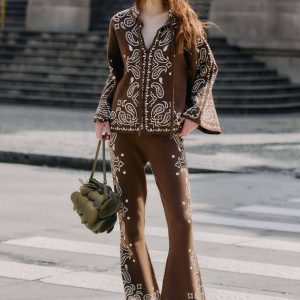Brown Bohemian Paisley Flare Knit Pants