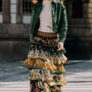 Green Ayla Mixed Scarves Layered Maxi Skirt