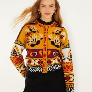 Multicolor Folk Stitched Knit Cardigan