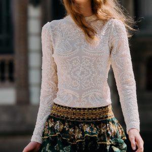 Off-White Embroidered Crew Neck Long Sleeve Blouse