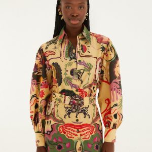 Beige Artsy Surreal Land Beaded Belt Organic Cotton Mini Dress