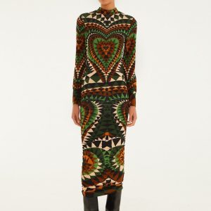 Multicolor Heart Deco Long Sleeve Jersey Midi Dress