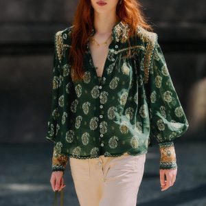 Green Tayla Lace Buttoned Puff Sleeve Blouse