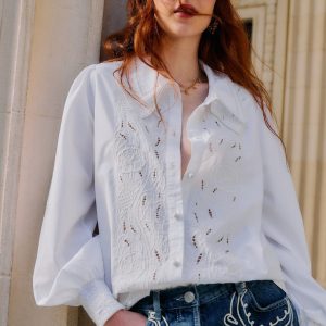 Off-White Embroidered Lace Buttoned Smocked Cuff Shirt