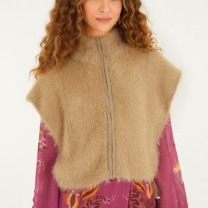 Caramel Front Zipper Sleeveless Fuzzy Vest