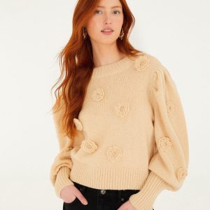 Sand Crochet 3d Flower Dropped Shoulder Knit Sweater